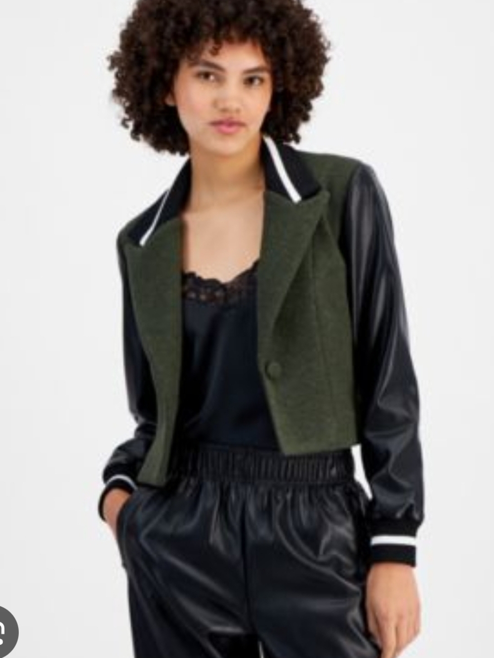 Cropped Olive & Black Mixed-Media Bomber Jacket